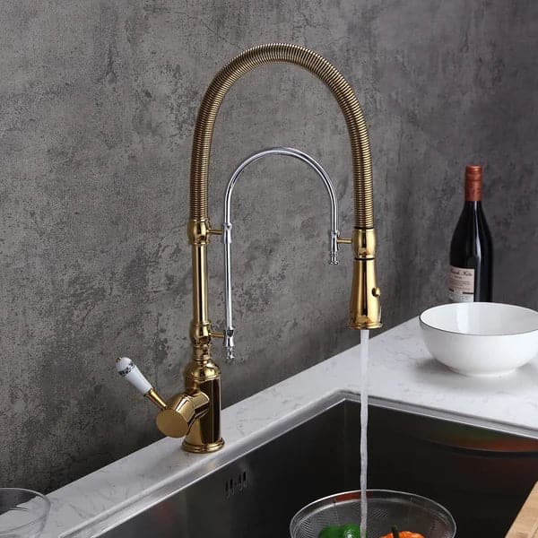 High Arc Dual-Mode Pull-Down Kitchen Faucet Solid Brass with Porcelain Handle