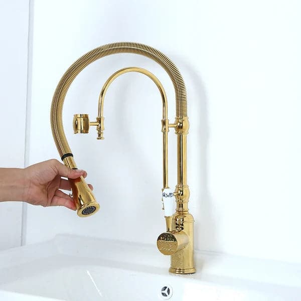 High Arc Dual-Mode Pull-Down Kitchen Faucet Solid Brass with Porcelain Handle#Gold