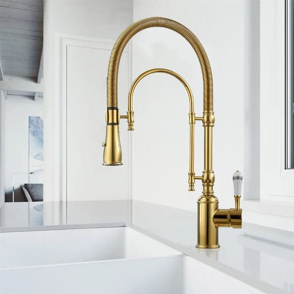 High Arc Dual-Mode Pull-Down Kitchen Faucet Solid Brass with Porcelain Handle#Gold