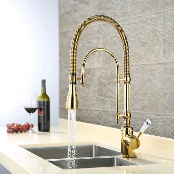 High Arc Dual-Mode Pull-Down Kitchen Faucet Solid Brass with Porcelain Handle#Gold