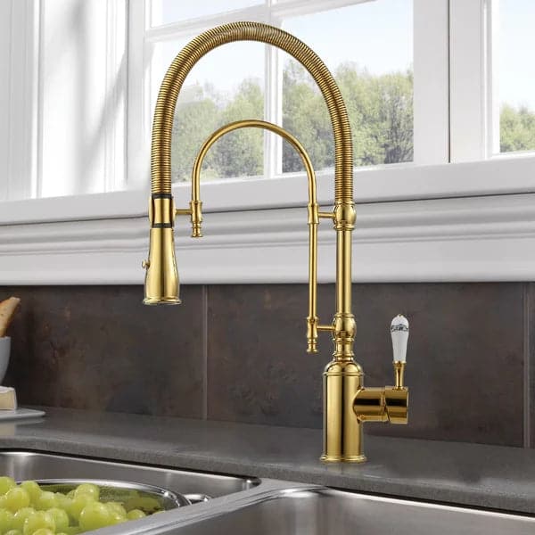 High Arc Dual-Mode Pull-Down Kitchen Faucet Solid Brass with Porcelain Handle#Gold