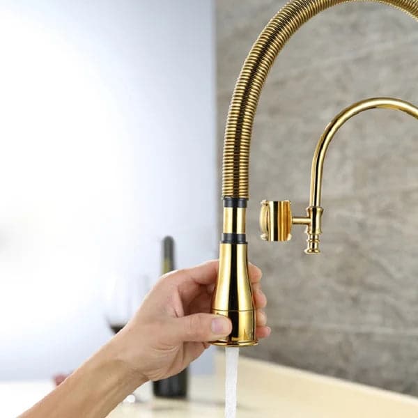 High Arc Dual-Mode Pull-Down Kitchen Faucet Solid Brass with Porcelain Handle#Gold