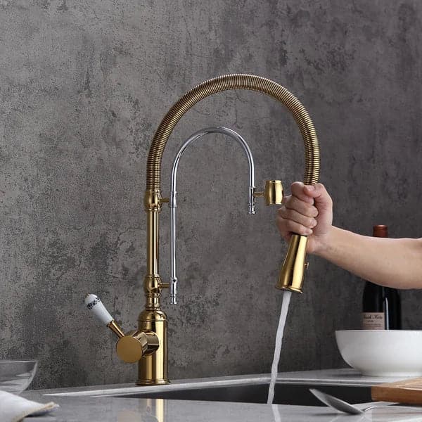 High Arc Dual-Mode Pull-Down Kitchen Faucet Solid Brass with Porcelain Handle#Gold