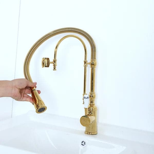 High Arc Dual-Mode Pull-Down Kitchen Faucet Solid Brass with Porcelain Handle#Gold