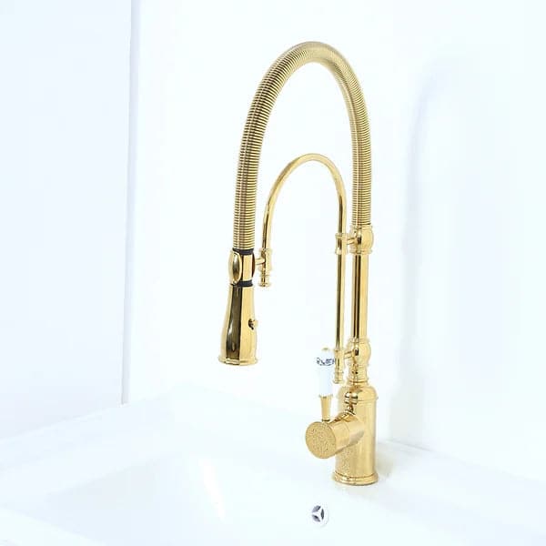 High Arc Dual-Mode Pull-Down Kitchen Faucet Solid Brass with Porcelain Handle#Gold