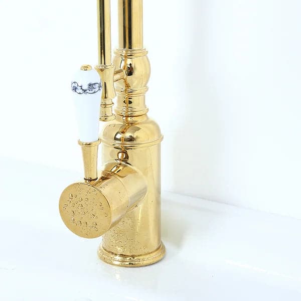 High Arc Dual-Mode Pull-Down Kitchen Faucet Solid Brass with Porcelain Handle#Gold