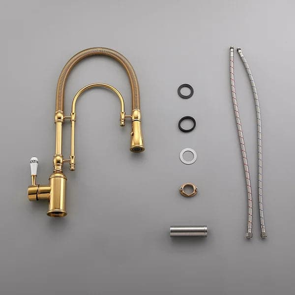 High Arc Dual-Mode Pull-Down Kitchen Faucet Solid Brass with Porcelain Handle#Gold