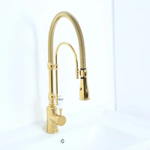 High Arc Dual-Mode Pull-Down Kitchen Faucet Solid Brass with Porcelain Handle#Gold