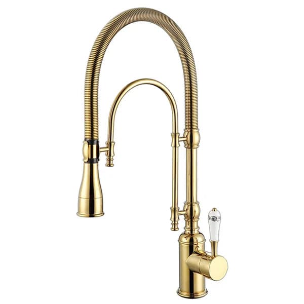 High Arc Dual-Mode Pull-Down Kitchen Faucet Solid Brass with Porcelain Handle#Gold