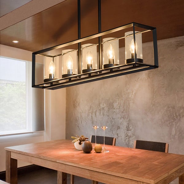 Industrial Black Metal Frame 5-Light Kitchen Island Linear Pendant Light