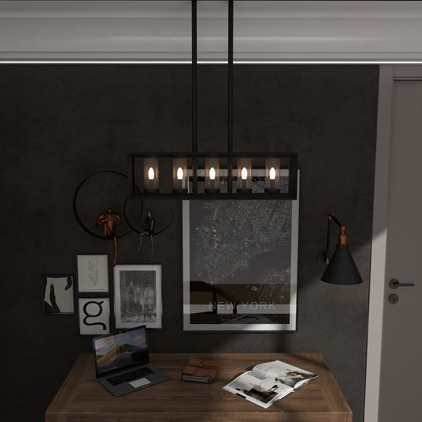 Industrial Black Metal Frame 5-Light Kitchen Island Linear Pendant Light