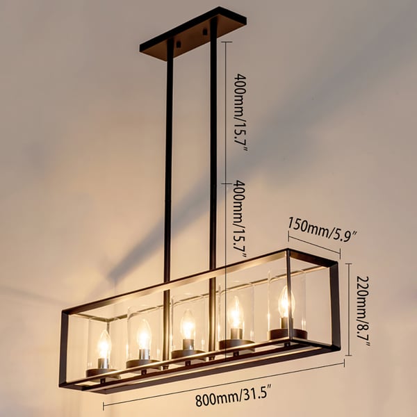 Luminaire suspendu linéaire industriel à 5 ​​lumières pour îlot de cuisine, cadre en métal noir