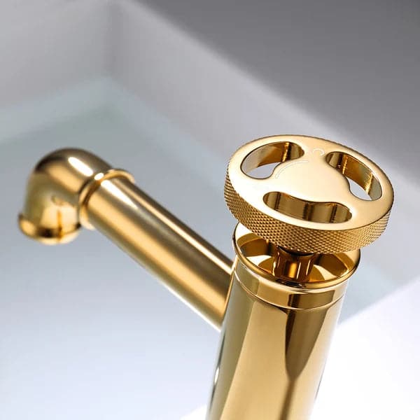Robinet de lavabo de salle de bains monotrou industriel doré, poignée unique en laiton massif