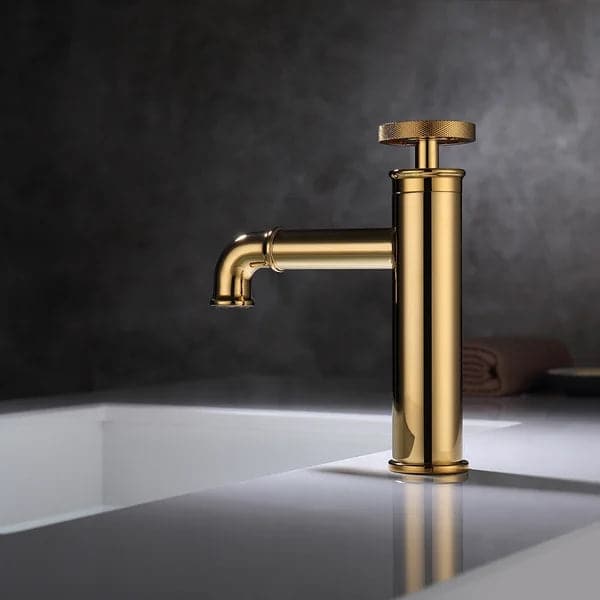 Robinet de lavabo de salle de bains monotrou industriel doré, poignée unique en laiton massif