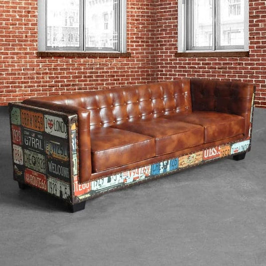 Industrial Loft 3-Seater Sofa Tufted Brown Faux Leather Upholstered Sofa