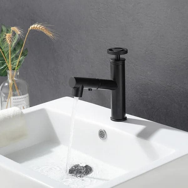 Robinet de lavabo de salle de bain extractible à 1 trou, tuyau industriel, noir mat, 1 poignée en laiton