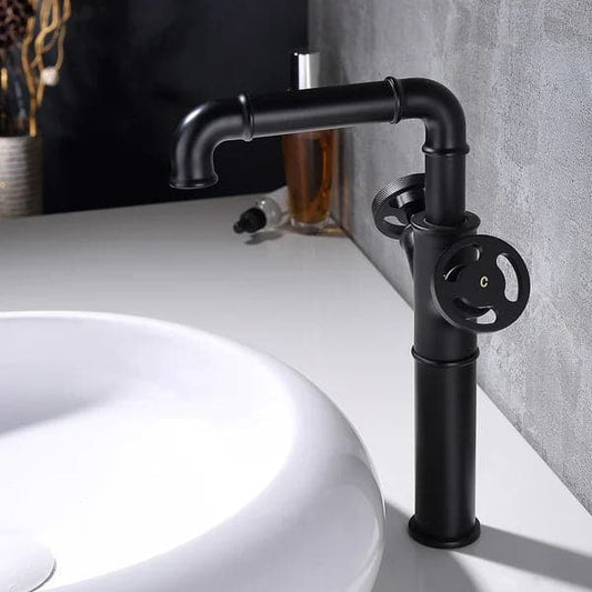 Robinet de lavabo de salle de bains à tuyau industriel noir mat 1 trou 2 poignées en laiton massif
