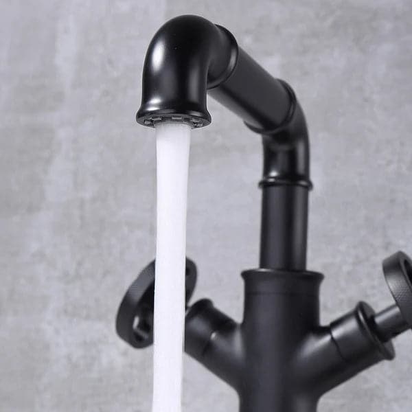 Industrial Pipe Bathroom Vessel Sink Faucet Matte Black 1-Hole 2-Handle Solid Brass