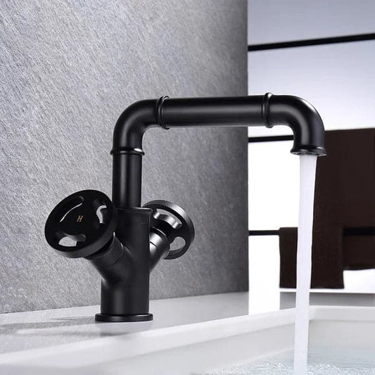 Industrial Pipe Matte Black 1-Hole Bathroom Sink Faucet Double Handles Solid Brass