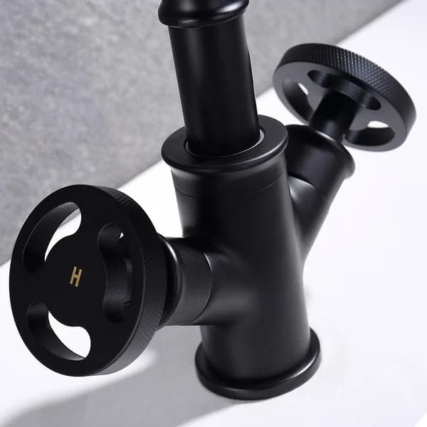 Industrial Pipe Matte Black 1-Hole Bathroom Sink Faucet Double Handles Solid Brass