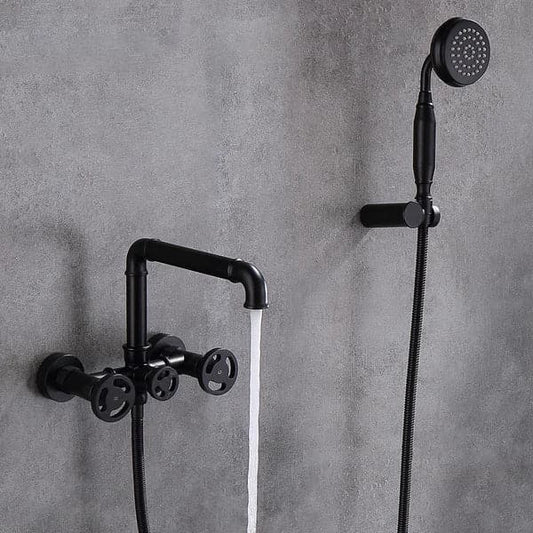 Industrial Pipe Wall Mounted Bathtub Filler Faucet with Hand Shower Solid Brass