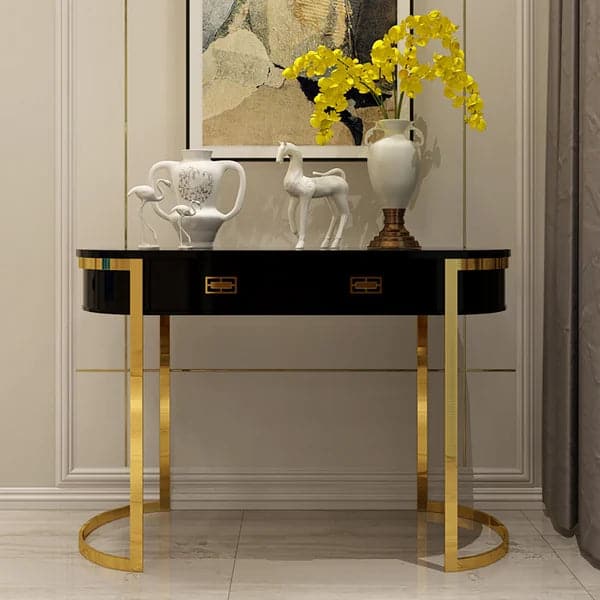 Black Modern Console Table with Drawers and Double Stainless Steel Sled