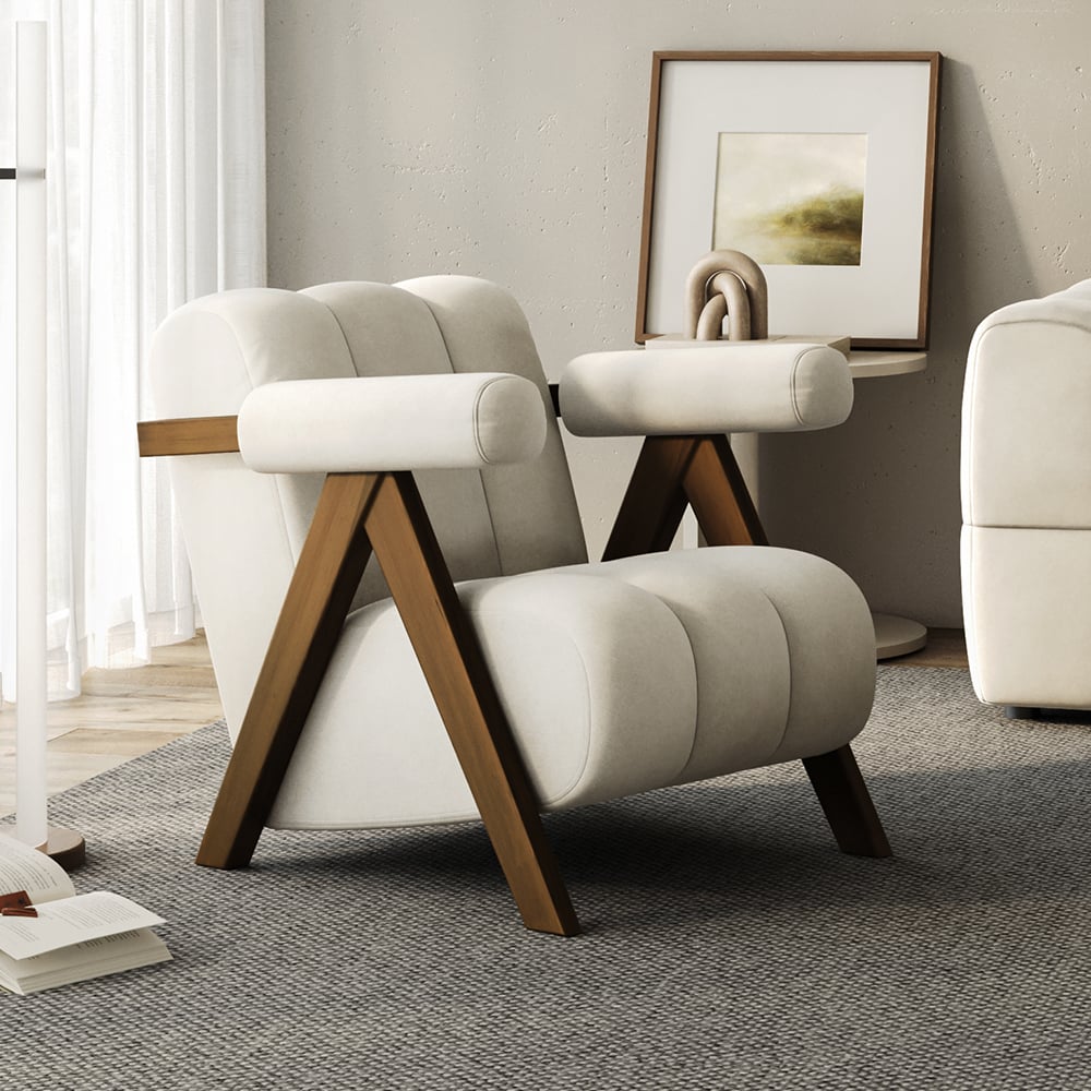 Japandi Beige Accent Chair Velvet Upholstery Armchair with Walnut Frame for Living Room