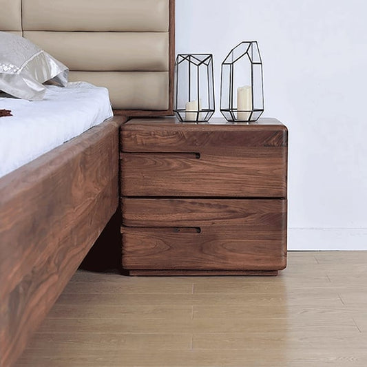 Table de chevet minimaliste Japandi en bois massif avec 2 tiroirs en noyer