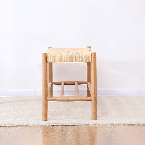 Banc de salle à manger naturel Japandi, banc en rotin avec pieds en bois