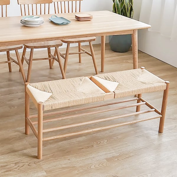 Banc de salle à manger naturel Japandi, banc en rotin avec pieds en bois