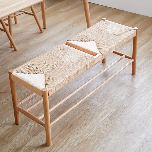 Banc de salle à manger naturel Japandi, banc en rotin avec pieds en bois