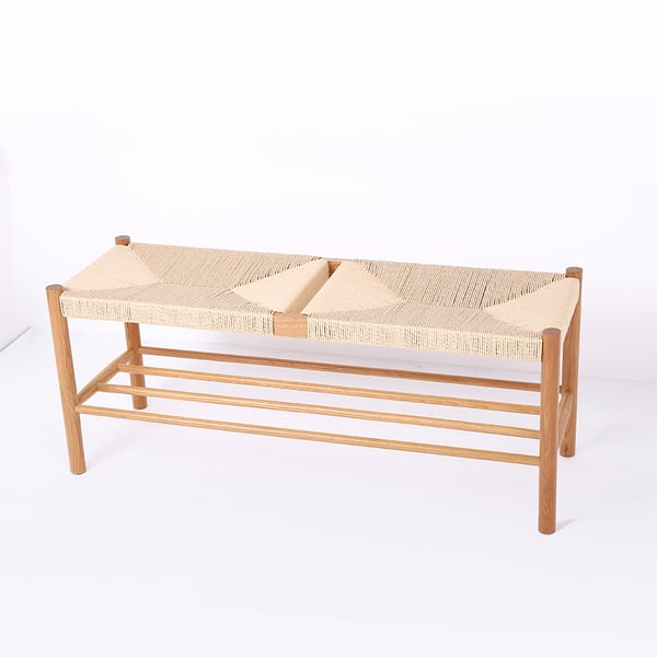 Banc de salle à manger naturel Japandi, banc en rotin avec pieds en bois