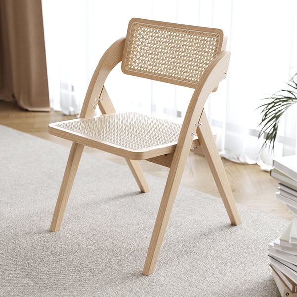 Japandi Natural&Walnut Folding Dining Chair (Set of 2) Solid Wood Rattan Side Chair#N