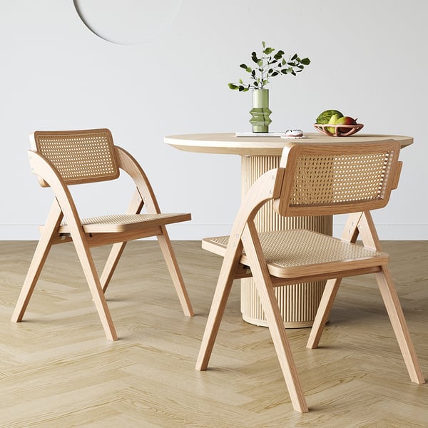 Japandi Natural&Walnut Folding Dining Chair (Set of 2) Solid Wood Rattan Side Chair#N