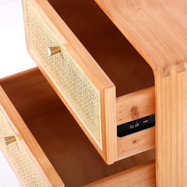Table de chevet en rotin naturel Japandi, table de chevet en bois massif avec 2 tiroirs