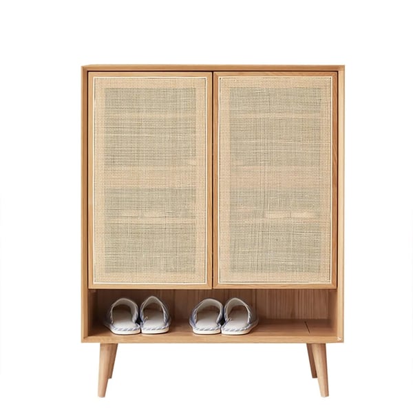 800mm Japandi Walnut Rattan Shoe Cabinet 2-Door 4-Shelf Shoe