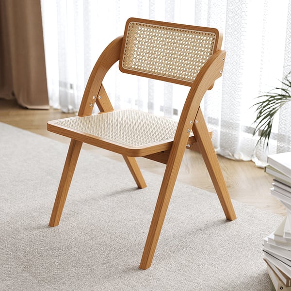 Japandi Natural&Walnut Folding Dining Chair (Set of 2) Solid Wood Rattan Side Chair#W