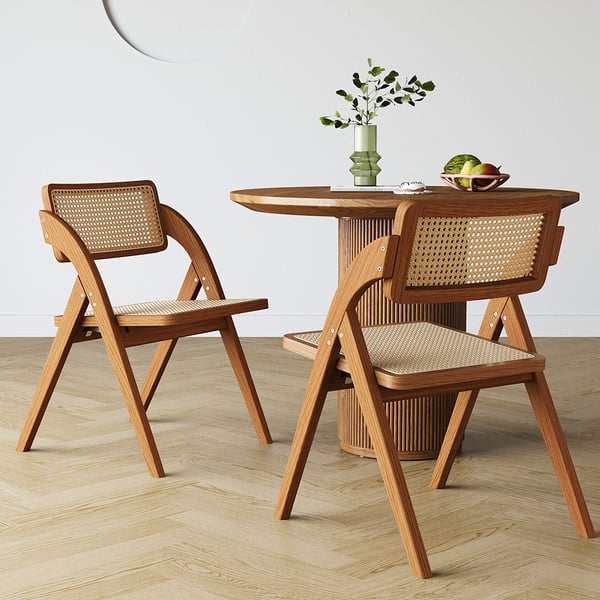 Japandi Natural&Walnut Folding Dining Chair (Set of 2) Solid Wood Rattan Side Chair#W