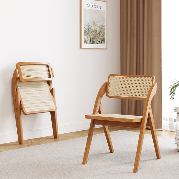 Japandi Natural&Walnut Folding Dining Chair (Set of 2) Solid Wood Rattan Side Chair#W