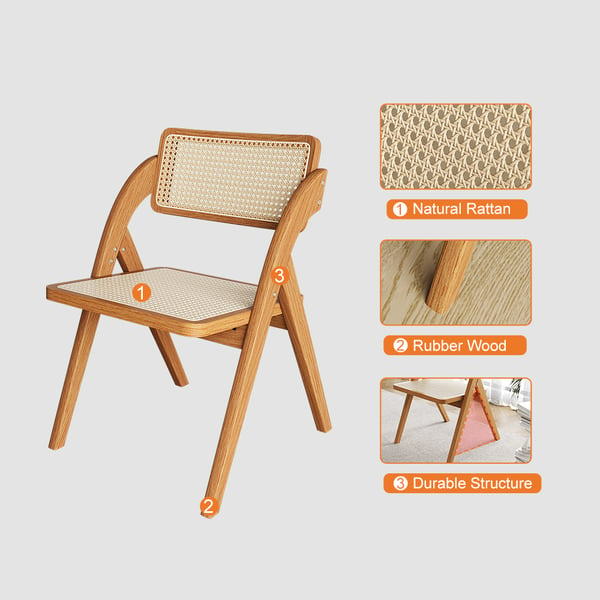 Japandi Natural&Walnut Folding Dining Chair (Set of 2) Solid Wood Rattan Side Chair#W