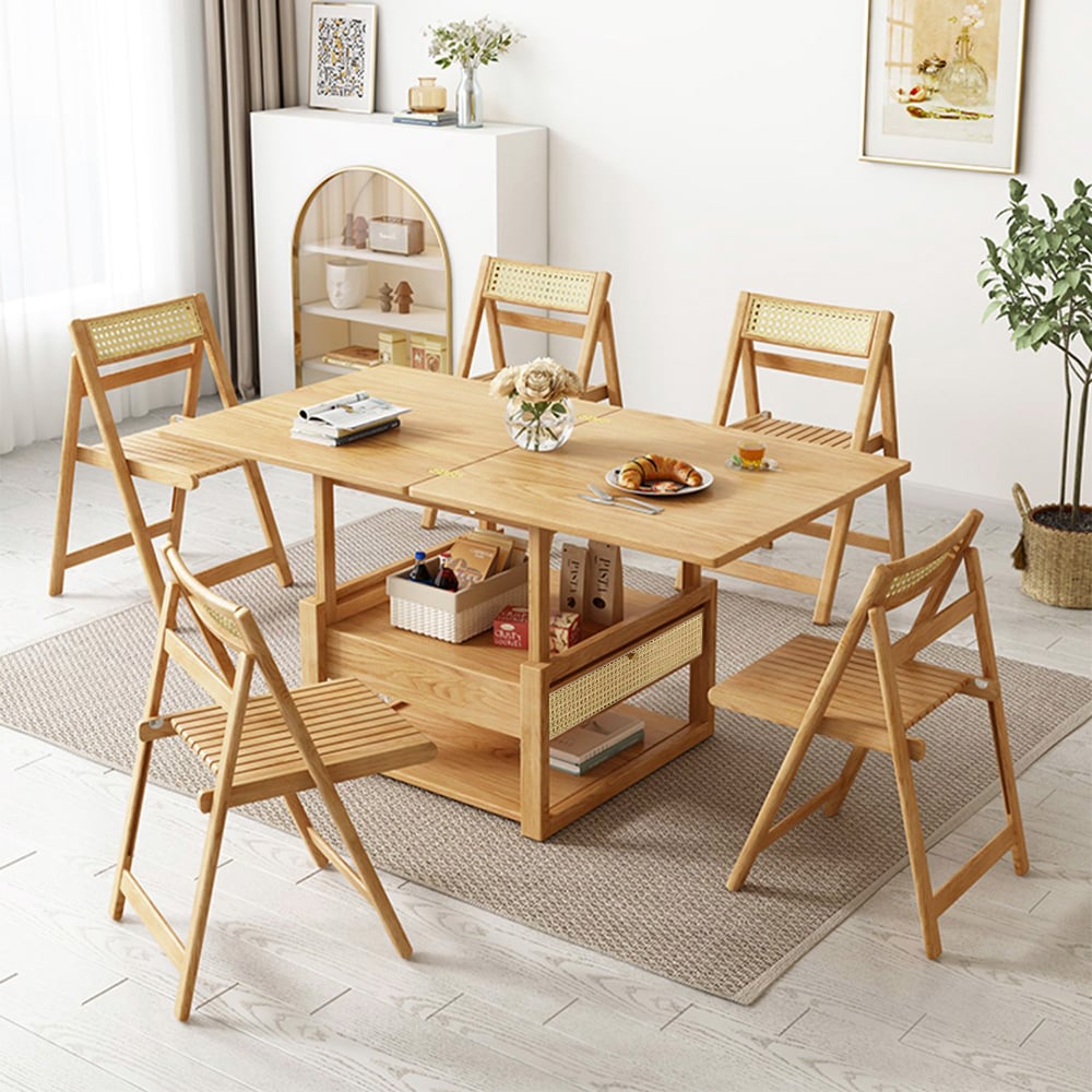 Japandi Wooden Folding Coffee Table Set Dining Table Rattan Nesting Accent Table