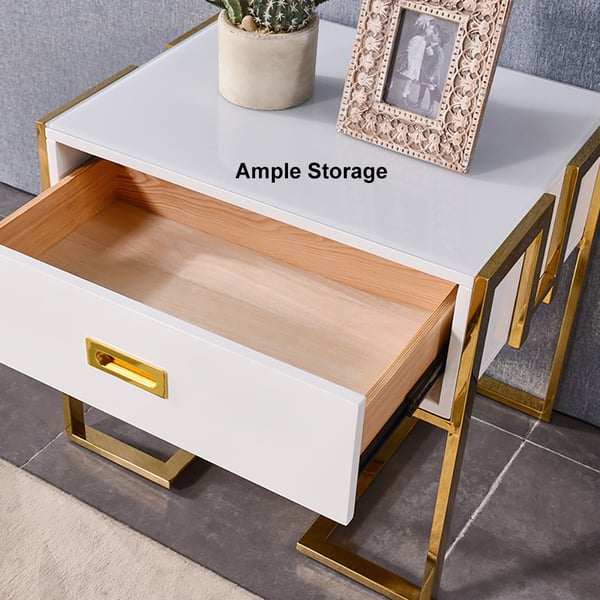 Modern White Side Table Wooden End Table with 1 Drawer and Golden Double Pedestal