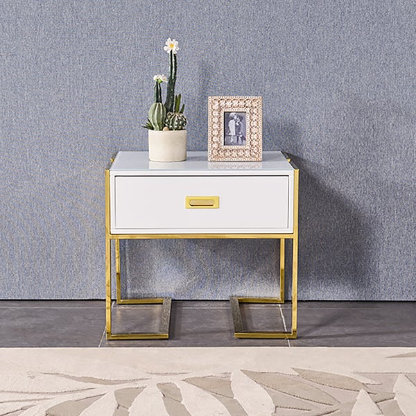 Modern White Side Table Wooden End Table with 1 Drawer and Golden Double Pedestal