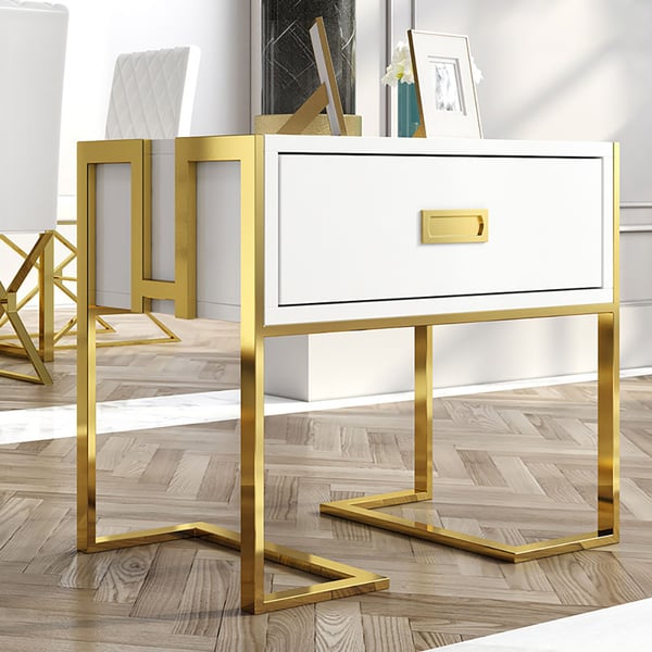 Modern White Side Table Wooden End Table with 1 Drawer and Golden Double Pedestal