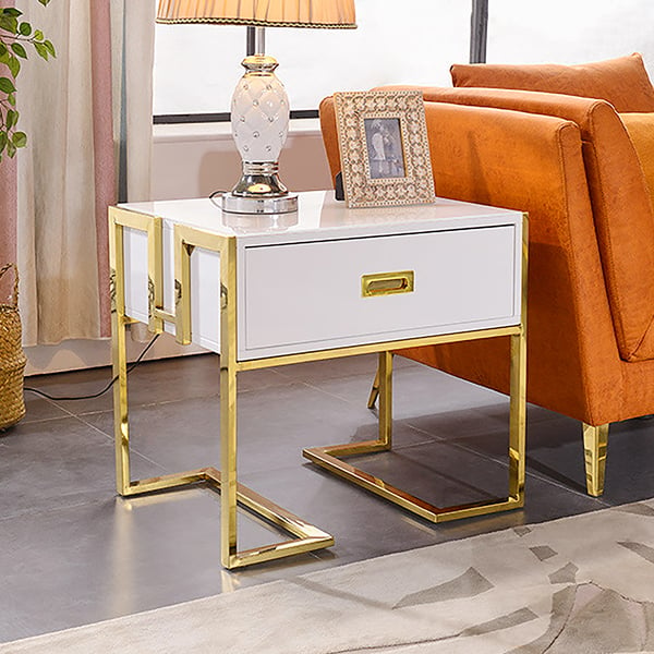 Modern White Side Table Wooden End Table with 1 Drawer and Golden Double Pedestal