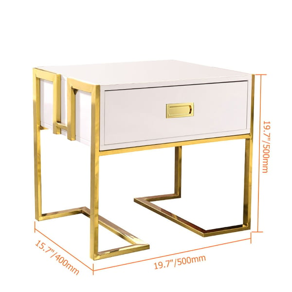 Modern White Side Table Wooden End Table with 1 Drawer and Golden Double Pedestal