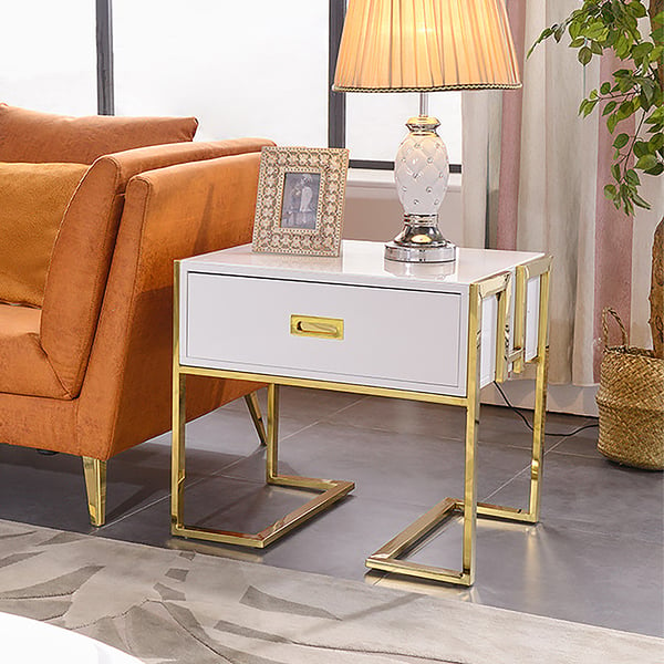 Modern White Side Table Wooden End Table with 1 Drawer and Golden Double Pedestal