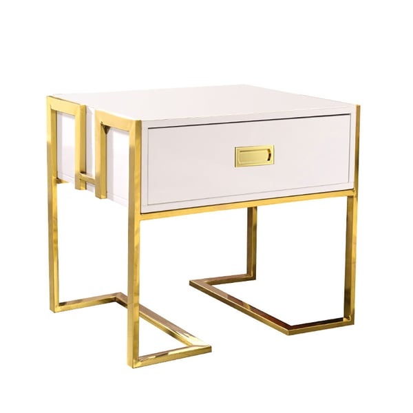 Modern White Side Table Wooden End Table with 1 Drawer and Golden Double Pedestal