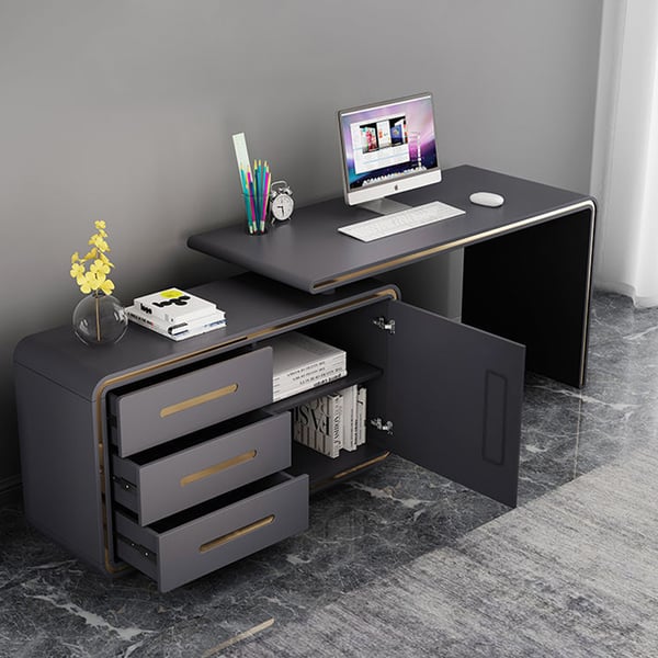 L-Shaped 47 Inches Gray Corner Desk with File Cabinet Rotating Computer Desk in Gold Finish
