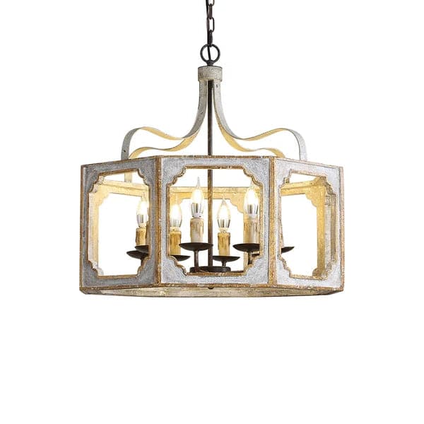 Lustre lanterne rustique à 8 lumières en métal et bois en gris antique et or